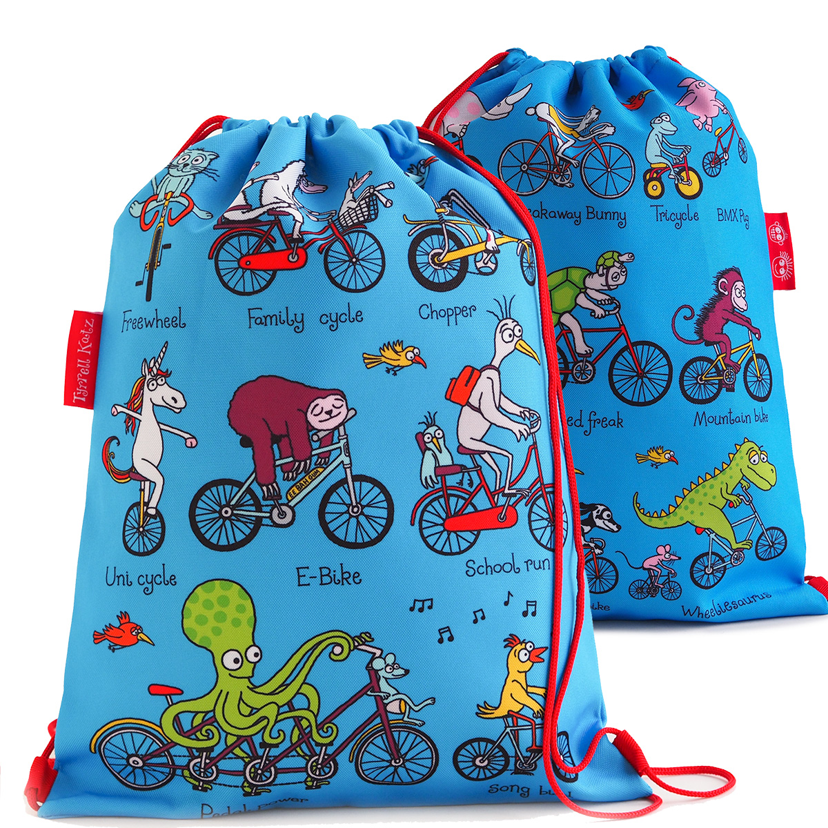 Kids Animals On Bikes Waterproof Drawstring Bag - Recycled